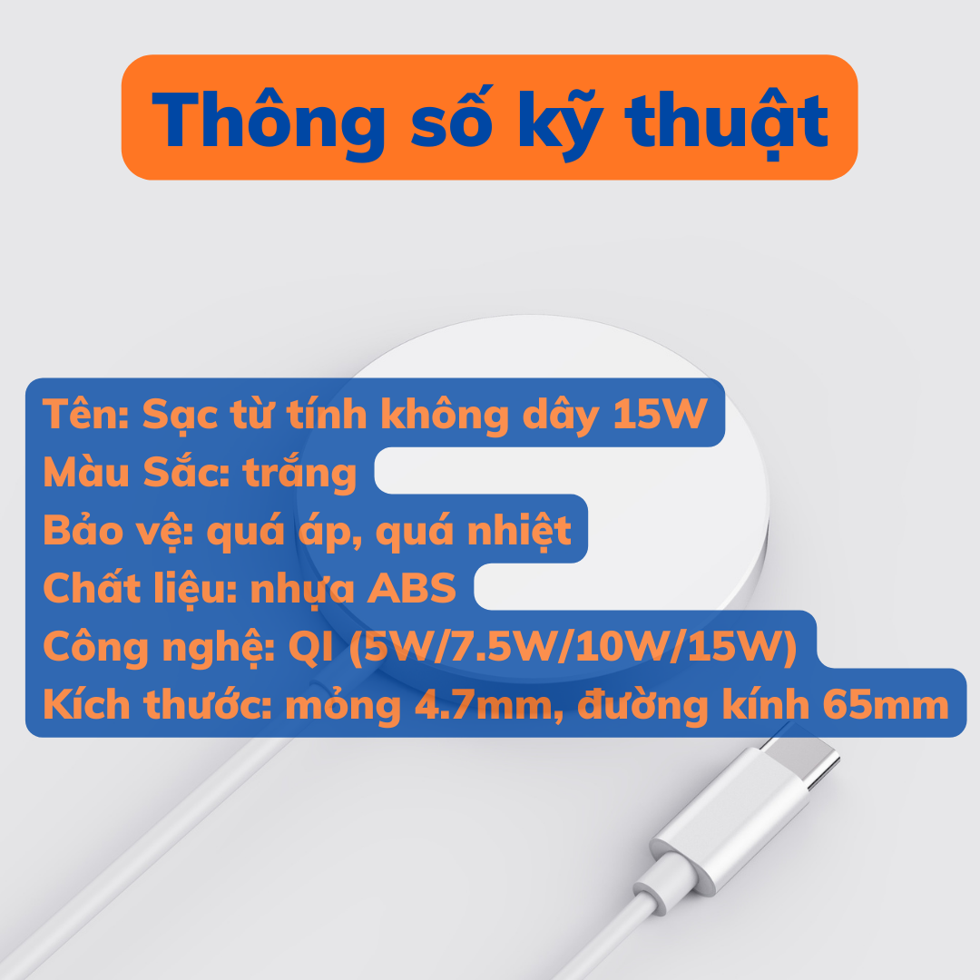 Đế Sạc Không Dây Từ Tính 15W Cho IP 13/13promax/14/14promax - màu trắng, hỗ trợ sạc nhanh