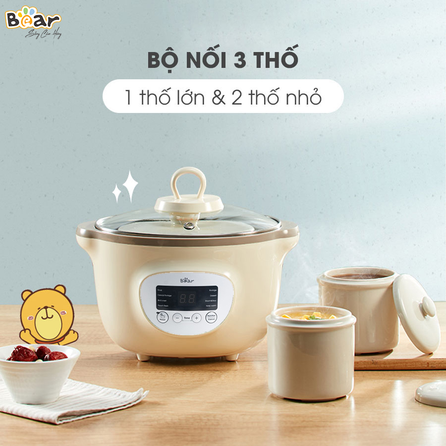 Nồi nấu chậm Bear SUBE002 1,6L màu nâu với 7 chức năng cho các hoạt động: Nấu, hấp, hầm cách thủy, giữ 100% giá trị dinh dưỡng, ... có ruột nồi bằng sứ cao cấp