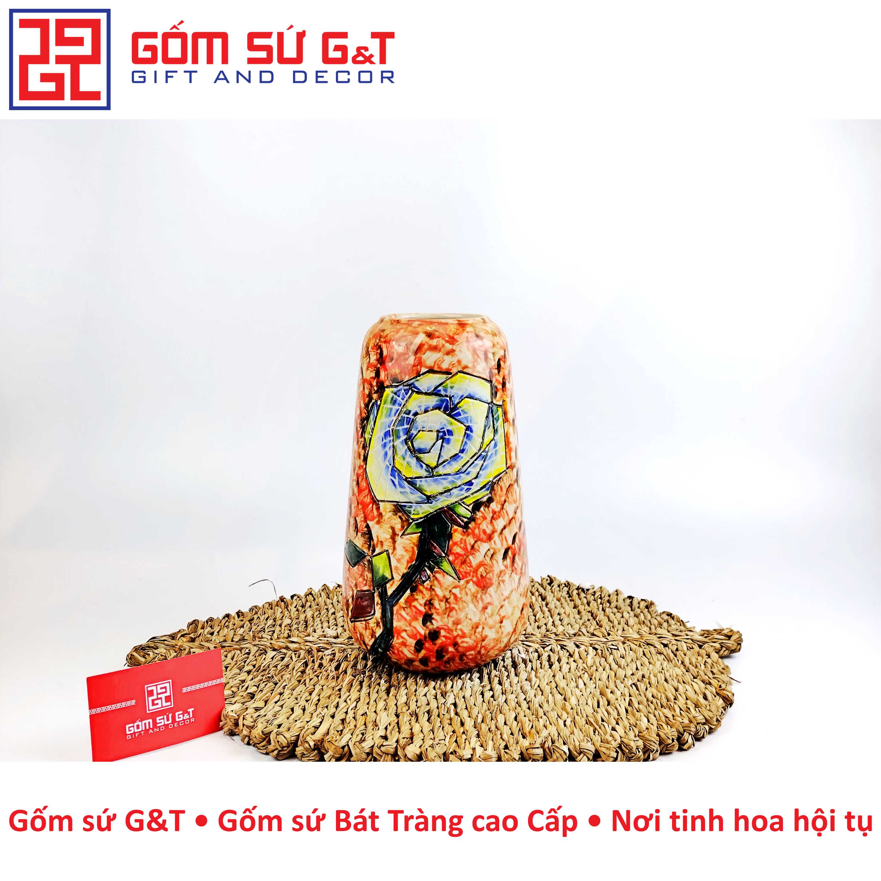 Lọ hoa dáng đu đủ vẽ hoa hồng xanh Gốm Sứ G&T