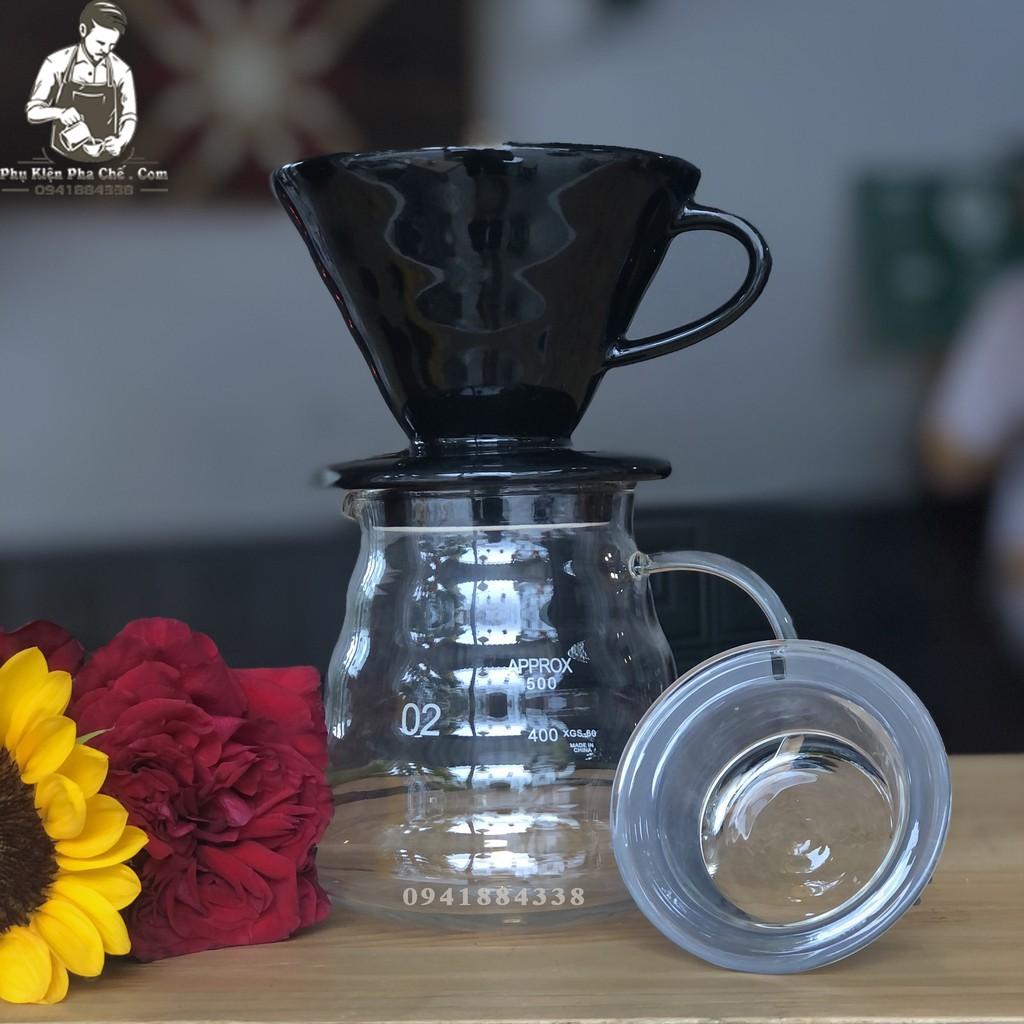 Bộ Bình Pha Drip V60 Phễu Sứ, Bình 600ml, Phễu Sứ Size 1-4cups