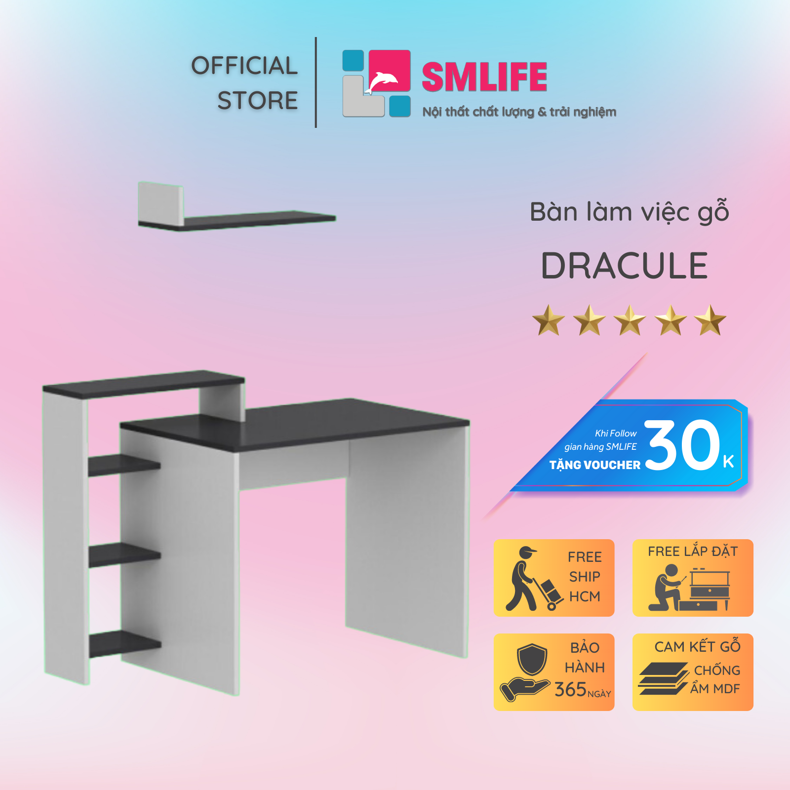 Bàn làm việc, bàn học gỗ hiện đại SMLIFE Dracule  | Gỗ MDF dày 17mm chống ẩm | D120xR60xC91cm - Màu