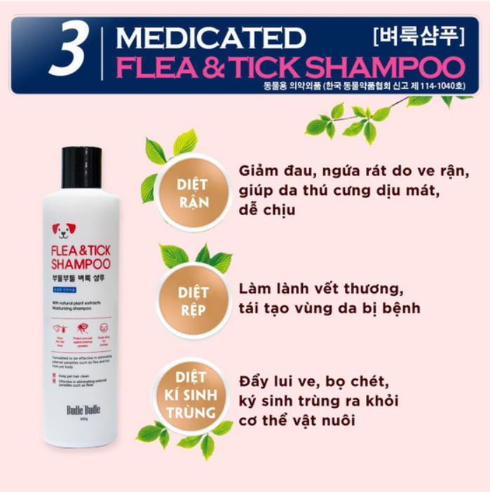 Sữa Tắm Trị Ve Cho Chó - Budle'Budle Flea &amp; Tick Shampoo Hàn Quốc - Dầu Gội Trị Ve Bọ Rận Cho Chó