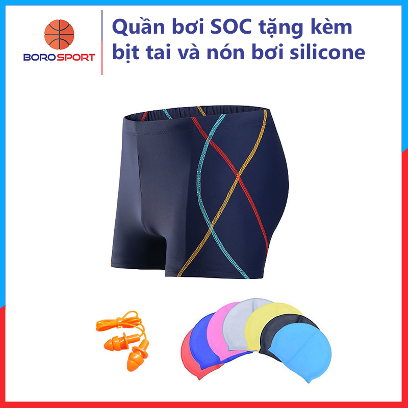 Quần bơi nam Boxer YESURE SOC Chất liệu polyester Spandex cao cấp , chống thấm , nhanh khô form Fitness thời trang (Tặng kèm nón bơi + bịt tai silicon)