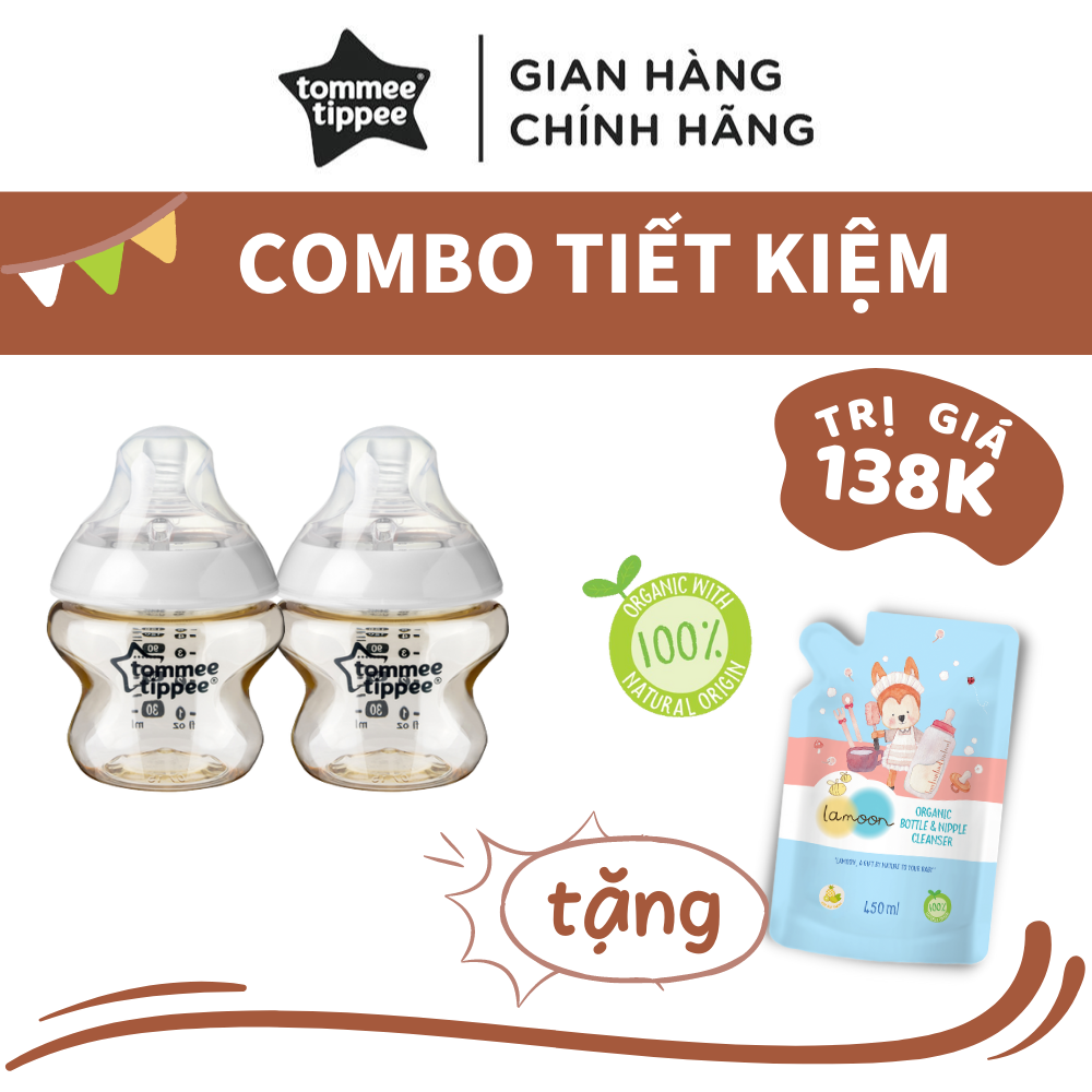 COMBO 2 Bình Sữa Tommee Tippee PPSU Ty Siêu Mềm Tự Nhiên 150ml TẶNG 1 Túi Nước Rửa Bình Sữa Organic Lamoon 450ml