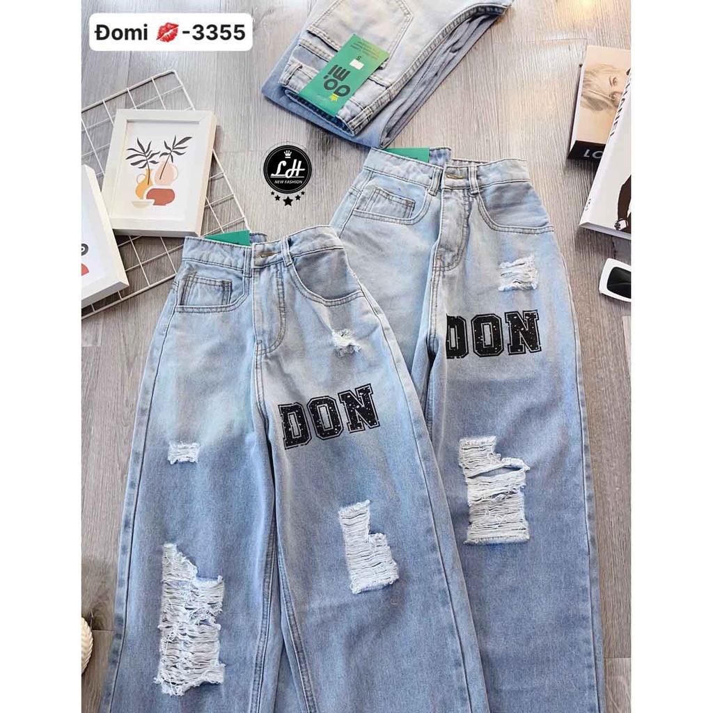 Quần jean rách đùi nữ loang màu ống rộng ulzzang lưng cao thêu chữ DON Lê Huy Fashion MS 3355