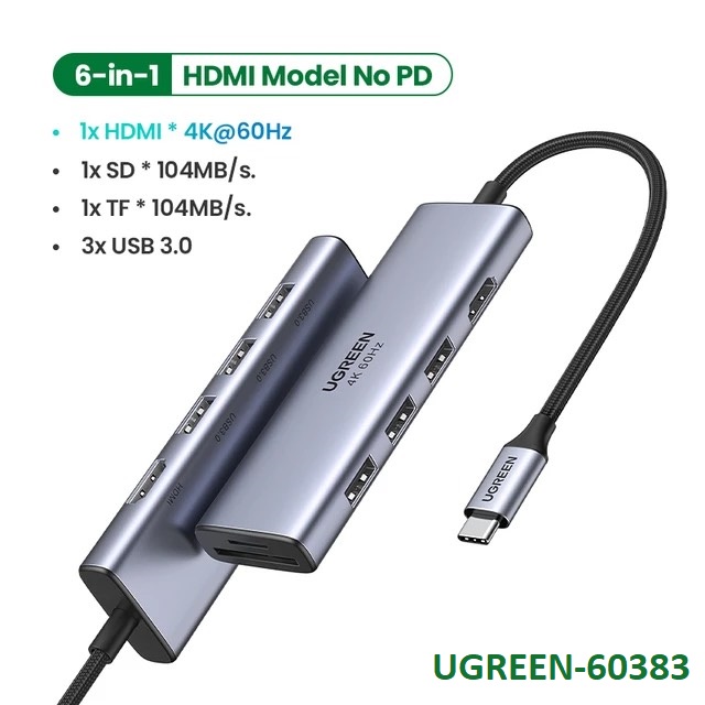Ugreen 60383 4K 60Hz hdmi + 3x usb3.0 + card reader bộ chuyển hub Usb Type C Multifunction Adapter CM511 hàng chính hãng