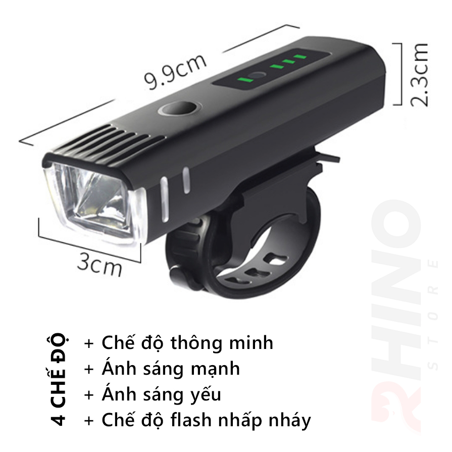 Đèn xe đạp siêu sáng cảm biến thông minh, chống nước Rhino L101 tự động điều chỉnh độ sáng theo môi trường, pin sạc, 4 chế độ sáng, pin từ 4-8 tiếng - Hàng chính hãng