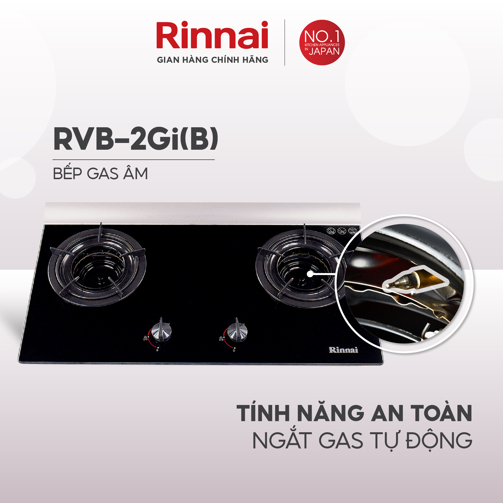 Bếp gas âm đầu đốt trong Rinnai RVB-2Gi mặt bếp kính và kiềng bếp men - Hàng chính hãng