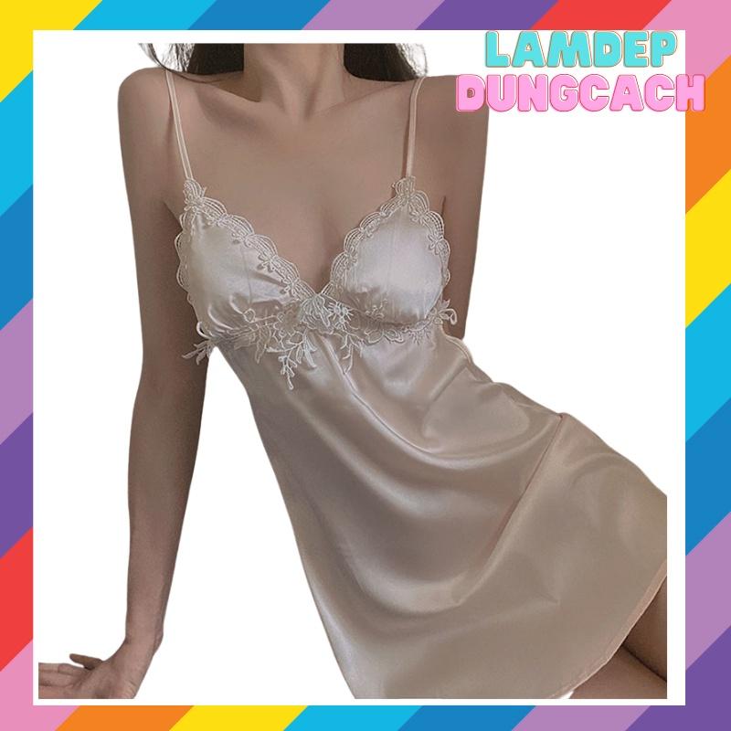 Váy ngủ hai dây lụa satin sexy cao cấp Đầm mặc nhà gợi cảm quyến rũ có mút ngực LAMDEPDUNGCACH - VL165