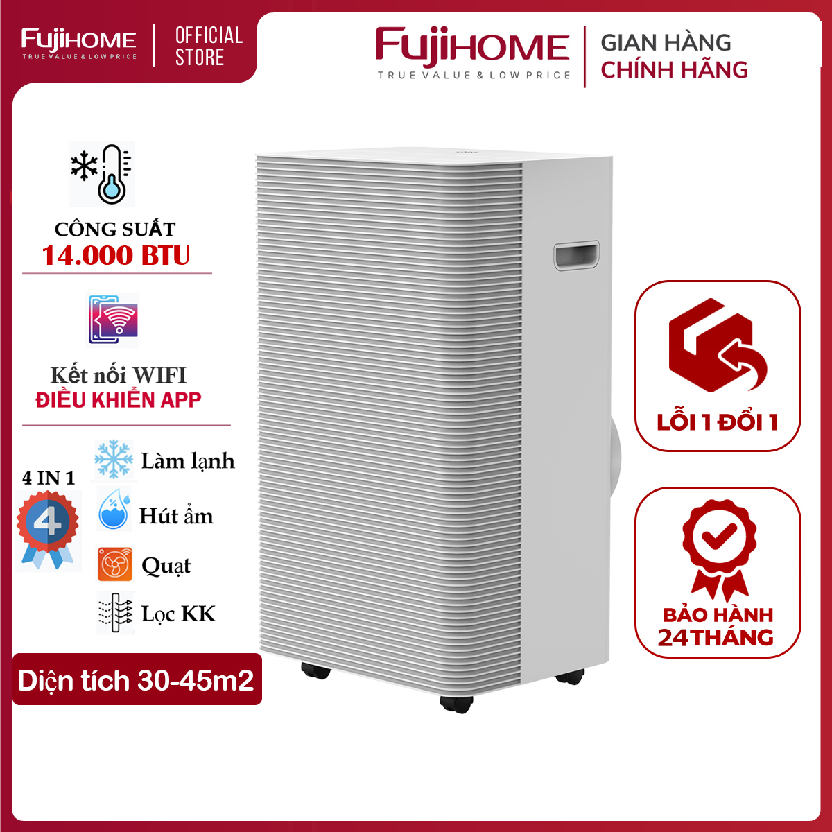 Máy lạnh di động đứng 14.000 BTU FUJIHOME PAC14, điều hòa di động mini kết nối Wifi điều khiển qua App, 4 chức năng, làm lanh, hút ẩm, lọc không khí, quạt - Hàng chính hãng