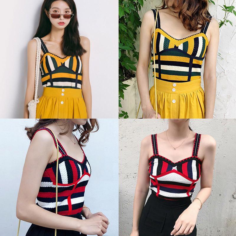 Áo dệt kim cộc tay cổ chữ V họa tiết kẻ sọc thời trang nữ