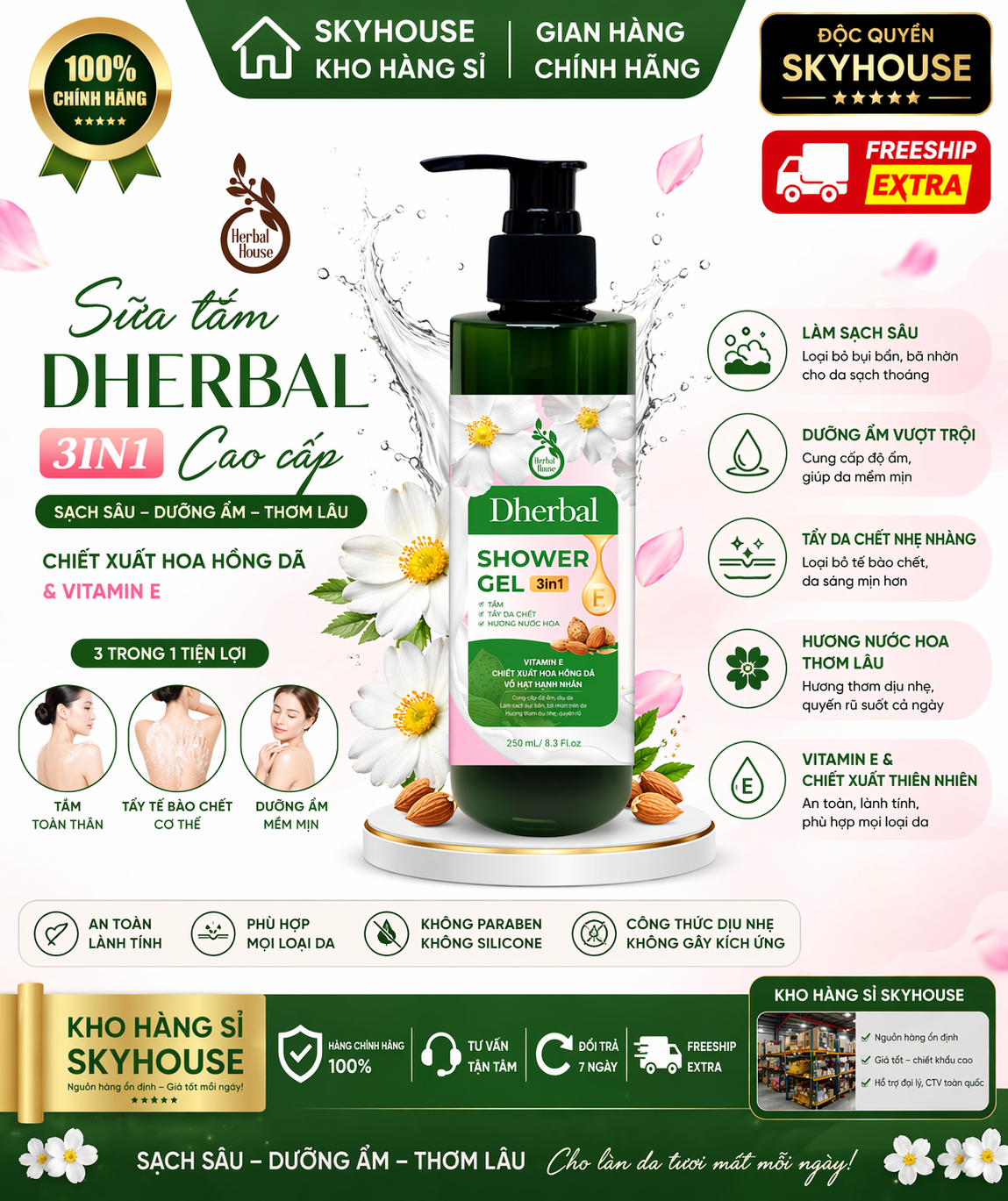 Sữa tắm trắng da 3in1 thiên nhiên độc quyền DHERBAL chai 250ml sữa tắm dưỡng ẩm thơm lâu chính hãng