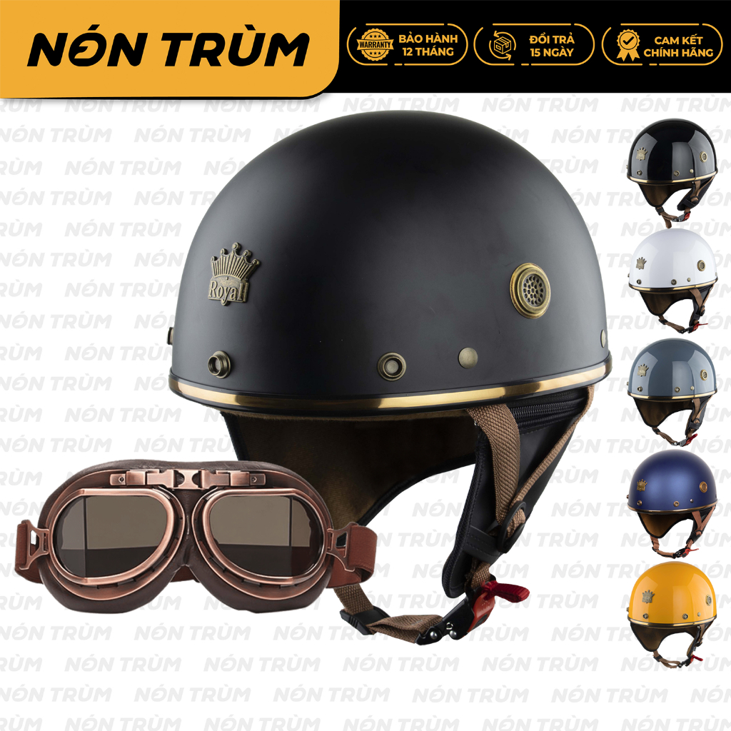 Mũ bảo hiểm xe máy 1/2 Royal M379 có đệm da kèm kính phi công đồng cao cấp đi xe máy -Nón Trùm