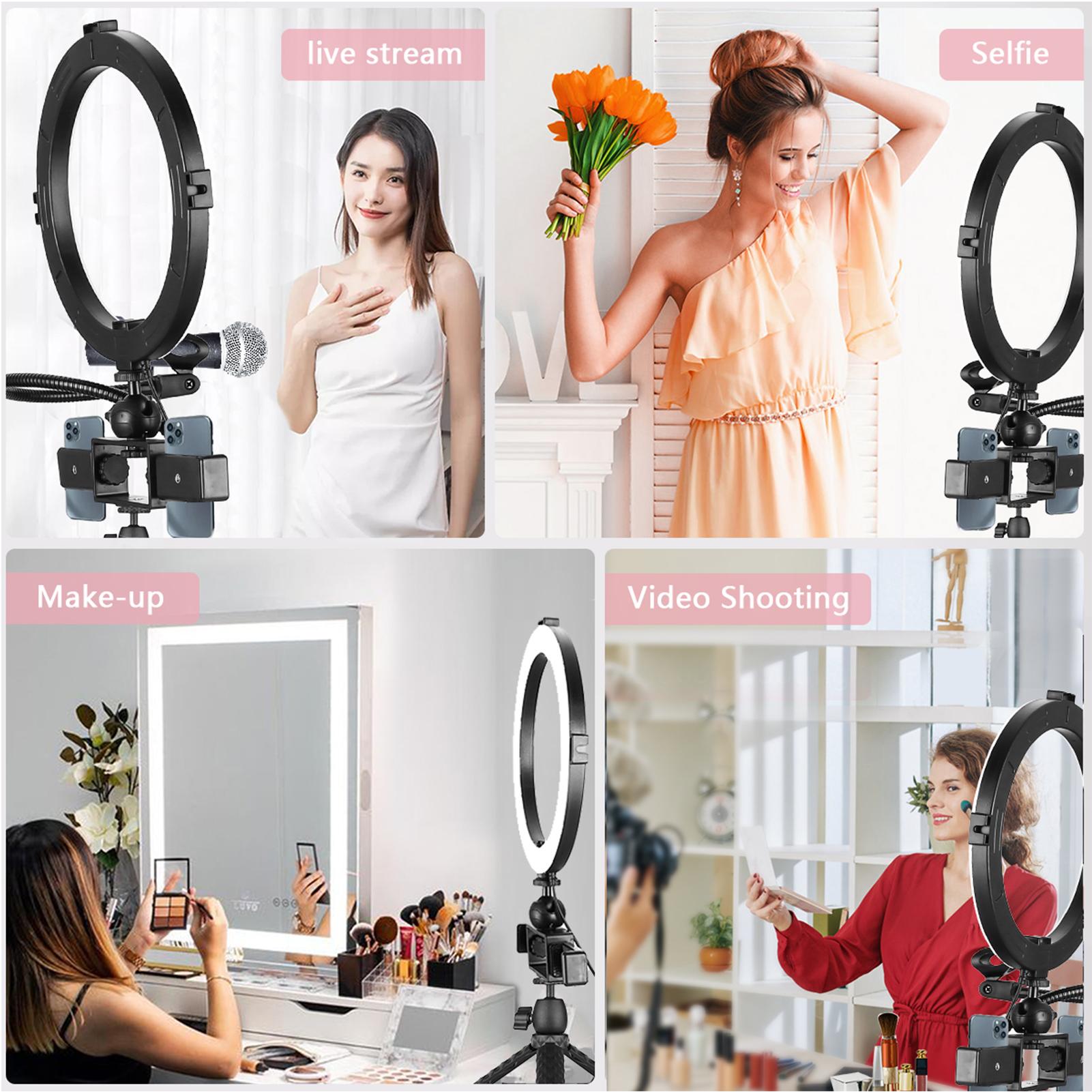 Bộ đèn LED vòng 10 inch / 26 cm 3 chế độ chiếu sáng 3000K-6500K USB có thể điều chỉnh độ sáng Được hỗ trợ với chân máy tính để bàn mini + Giá đỡ