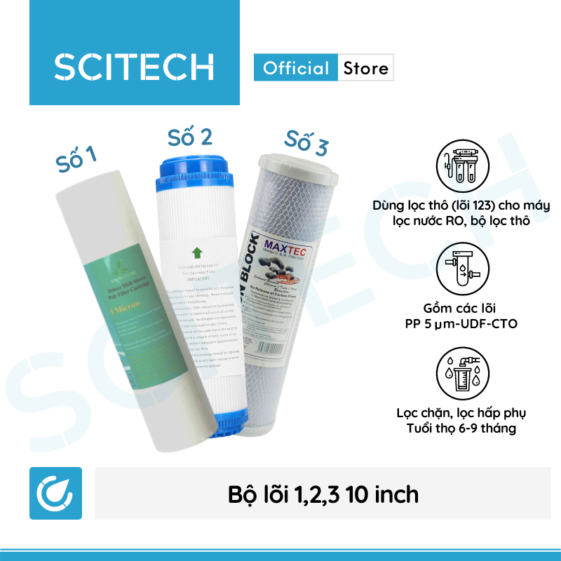 Bộ lõi số 1,2,3 10 inch (Lõi PP-UDF-CTO) - Dùng cho máy lọc nước RO, bộ lọc thô - Hàng chính hãng