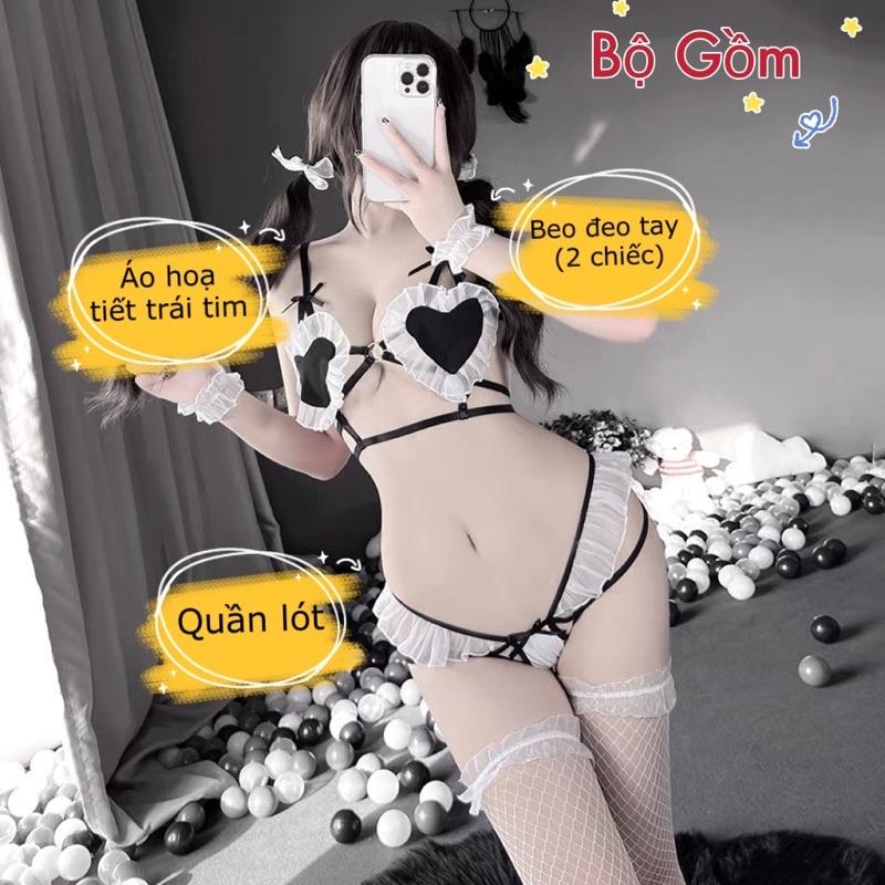LL2517 - Nội Y 2 Mảnh Hình Trái Tim Phối Bèo Nhún Dễ Thương - Đồ Lót Phong Cách Lolita