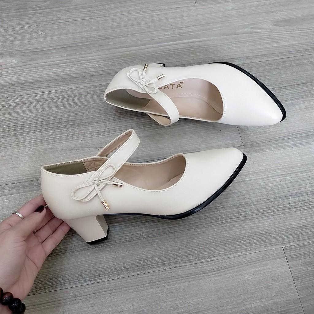 Giày quai dán gót trụ cao cấp ROSATA RO330 cao 5p mũi nhọn - đen, đỏ, kem - HÀNG VIỆT NAM - BKSTORE