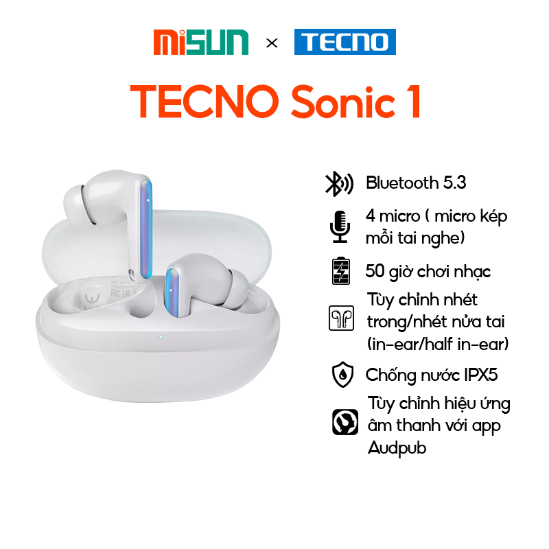 Tai nghe Tecno Sonic 1 | Bluetooth 5.3 | Chống nước IPX5 | 50 giờ chơi nhạc | - Hàng Chính Hãng
