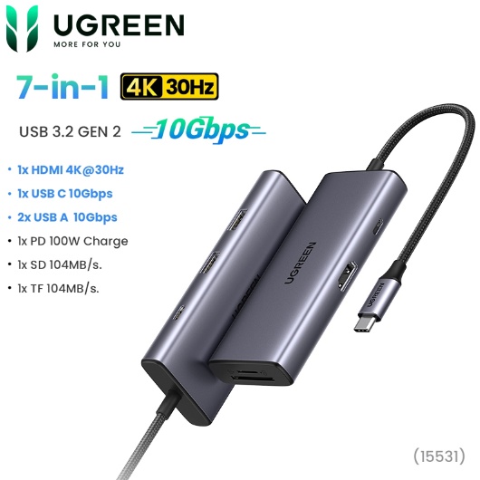 Bộ Chuyển Đổi Tín Hiệu Hub USB-C 7 trong 1 Ugreen 15531 sang HDMI + USB-C + 2 x USB-A + USB-C PD100W +  SD/TF - Hàng chính hãng
