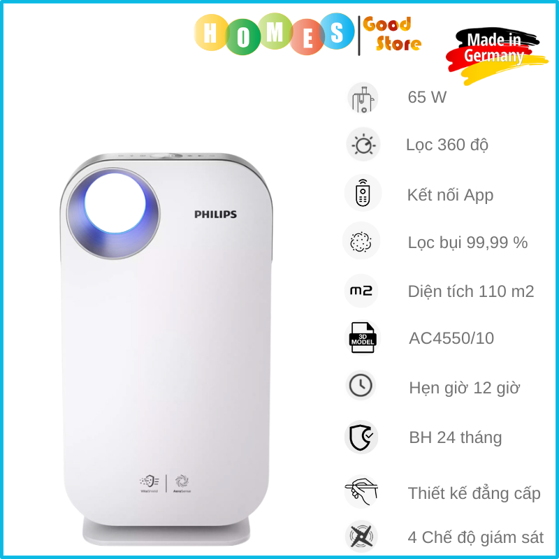 Máy Lọc Không Khí PHILIPS AC4550/10 - Nhập Khẩu Đức Cao Cấp Làm Sạch Vi Khuẩn Dị Ứng Bụi Mịn, Lông Vật Nuôi Và Vi Khuẩn Nhỏ 0,003 Micron, Tiết Kiệm Năng Lượng Tới 35%, Công Suất 65W - Hàng Nhập Khẩu