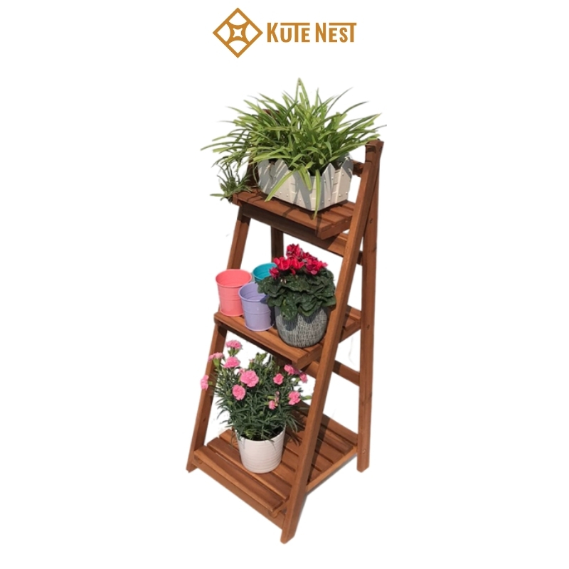 [Kute Nest] Kệ chữ A 3 tầng trang trí chậu hoa bằng gỗ tràm – Có thể gấp gọn – KT dài 42 x rộng (39 – 29 – 19) x cao 106 cm