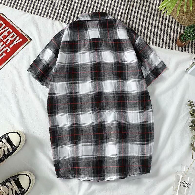 Áo sơ mi tay ngắn họa tiết sọc vuông thời trang phong cách cho nam