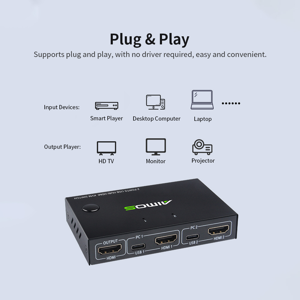 Bộ chuyển mạch bàn phím&chuột USB AIMOS AM-KVM201CC HDMI KVM 2 cổng Hỗ trợ 4K * 2K @ 30Hz