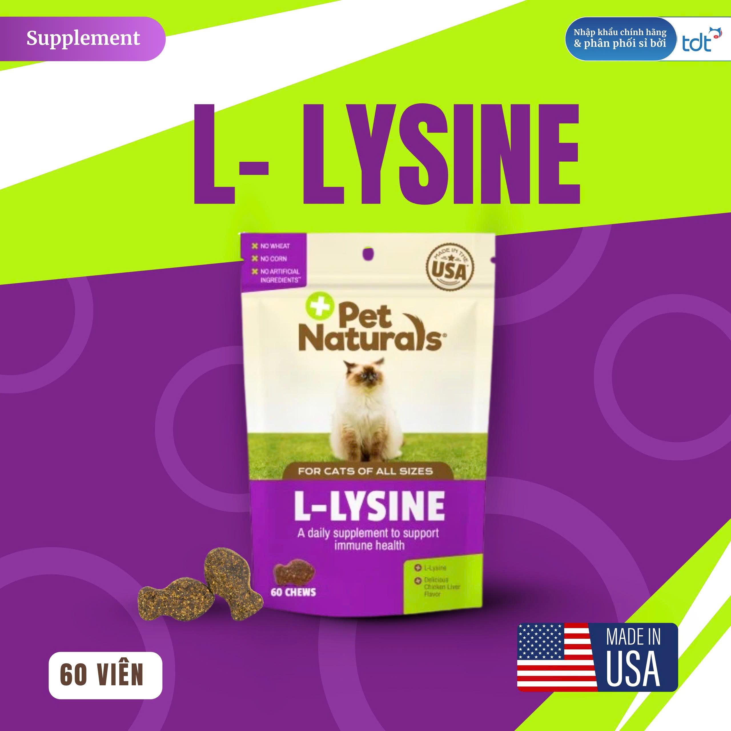 PET NATRALS VIÊN NHAI BỔ SUNG LYSINE CHO MÈO - L-LYSINE HỖ TRỢ SỨC KHỎE & CHỨC NĂNG MIỄN DỊCH túi 60 viên