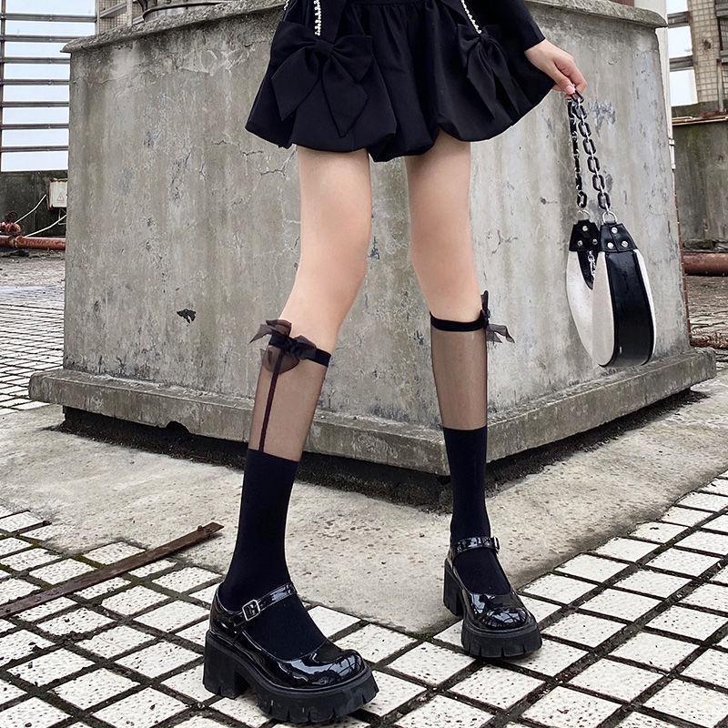 Tất vớ cao đến bắp chân Viền Trong Suốt Đính Nơ phong cách thời trang Lolita Nhật Bản, cá tính cho nữ - khositatvo Voan Màu Đen