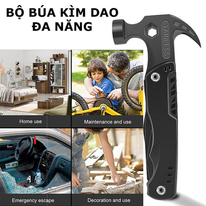 Búa kìm đa năng gấp gọn bằng thép không gỉ, dụng cụ chuyên dụng đi phượt, cắm trại, dã ngoại có búa phá kính cứu hộ khi khẩn cấp