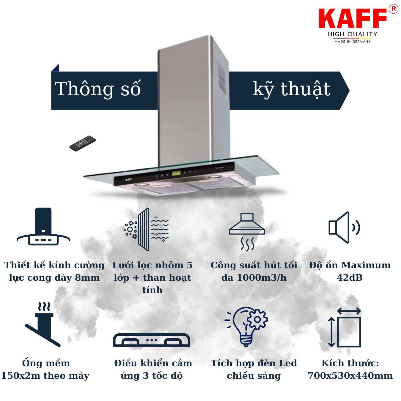 Máy hút mùi toa kính cảm ứng 900mm KAFF KF-90RH Tặng bộ lọc than thay thế - Hàng Chính Hãng