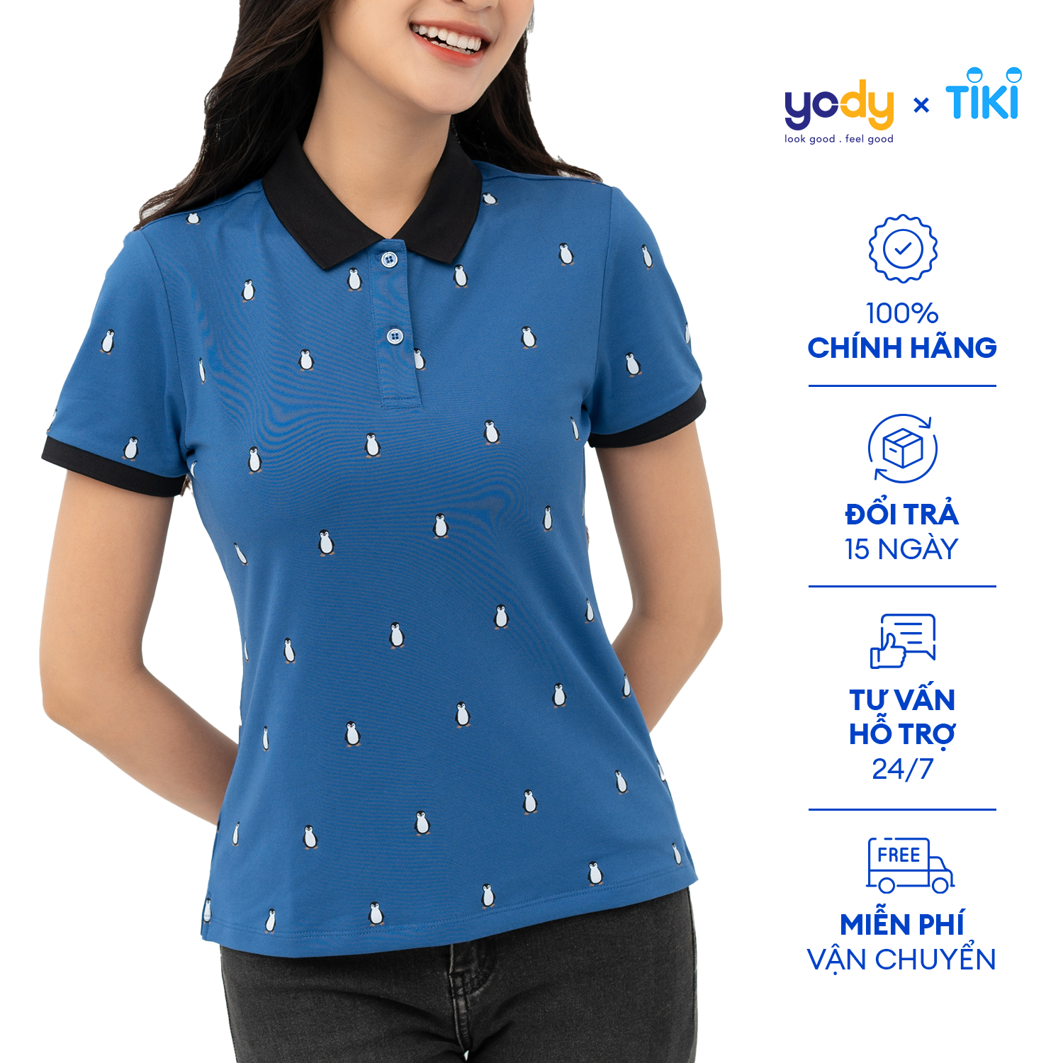 Áo thun polo nữ YODY In chim cánh cụt mềm mịn co dãn năng động APN6176