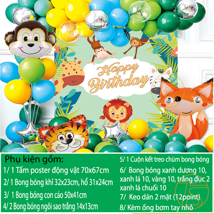 Bộ trang trí sinh nhật happy birthday khu rừng thú cho bé - Sét bong bóng trang trí tiệc thôi nôi, đầy tháng cho trẻ
