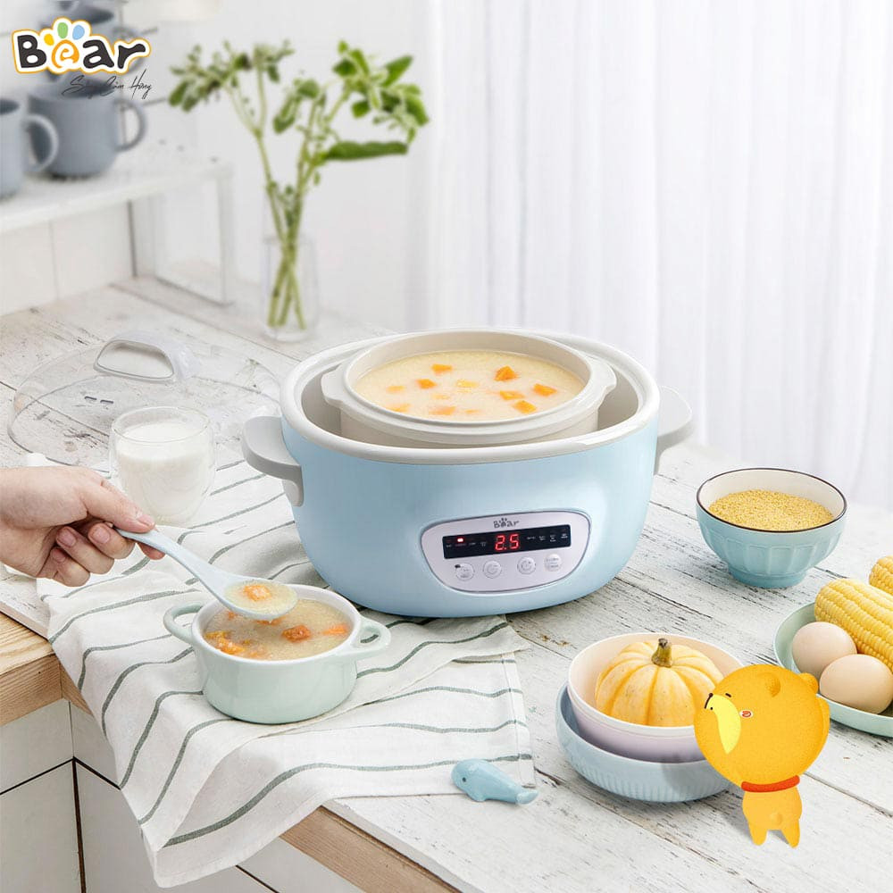 Nồi Kho Thịt, Nồi Chưng Yến, Nồi Nấu Chậm Bear SUBE003 - Bản Tiếng Việt Kèm Khay Hấp Và 5 Thố Dung Tích 2.5 Lít Công Suất 380 W- Hàng Chính Hãng