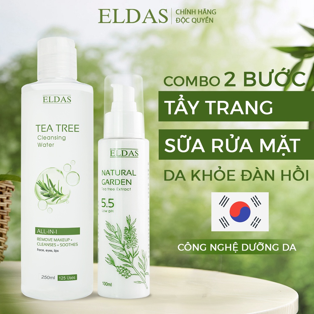 Combo Nước tẩy trang ELDAS cho da nhạy cảm 250ml &amp; sửa rửa mặt ELDAS dạng GEL Tinh chất TRÀM TRÀ 120ml