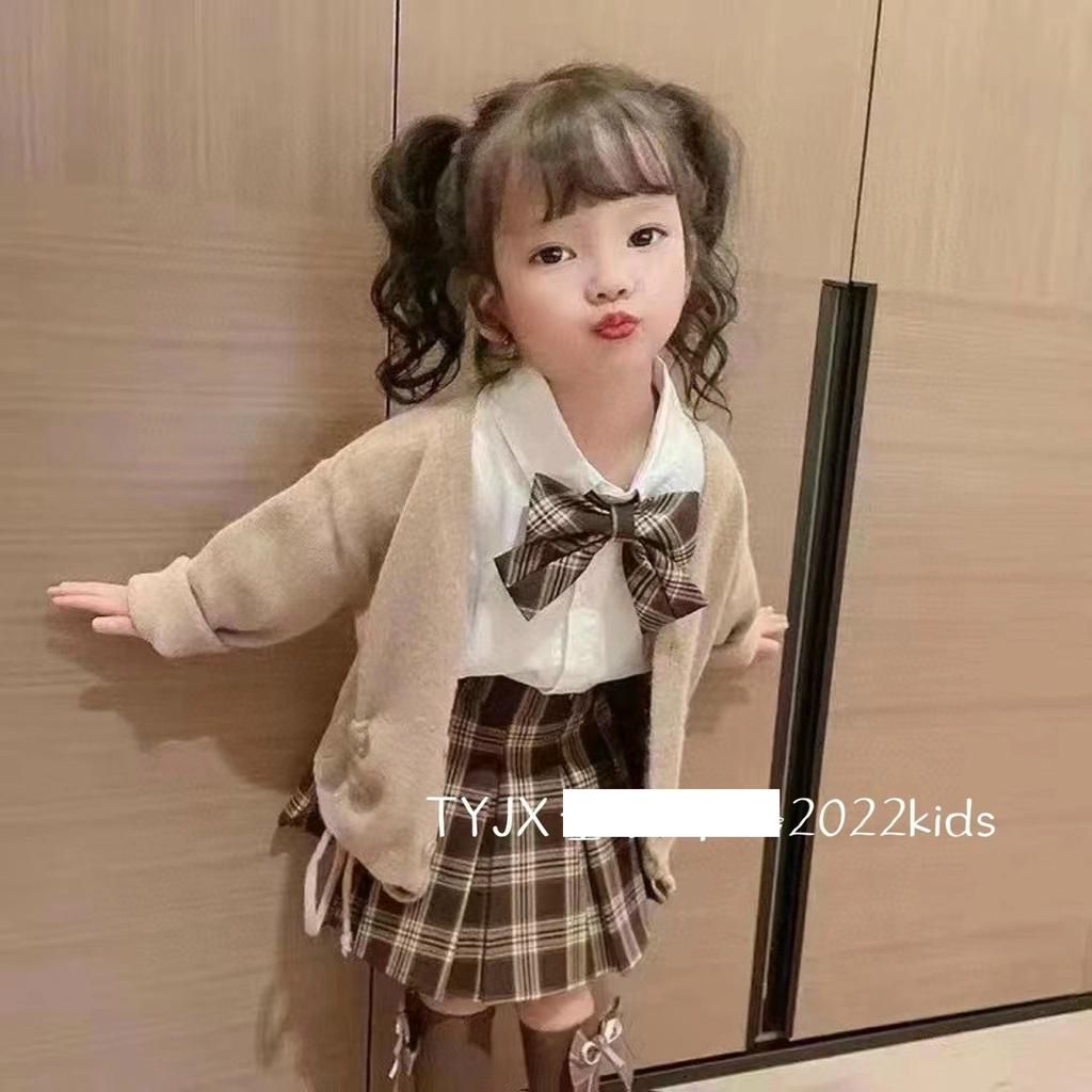 Hình ảnh Set váy cho bé gái 3-8 tuổi 3 chi tiết kèm nơ. Váy thu đông trẻ em phong cách Hàn Quốc kiểu dáng thời trang