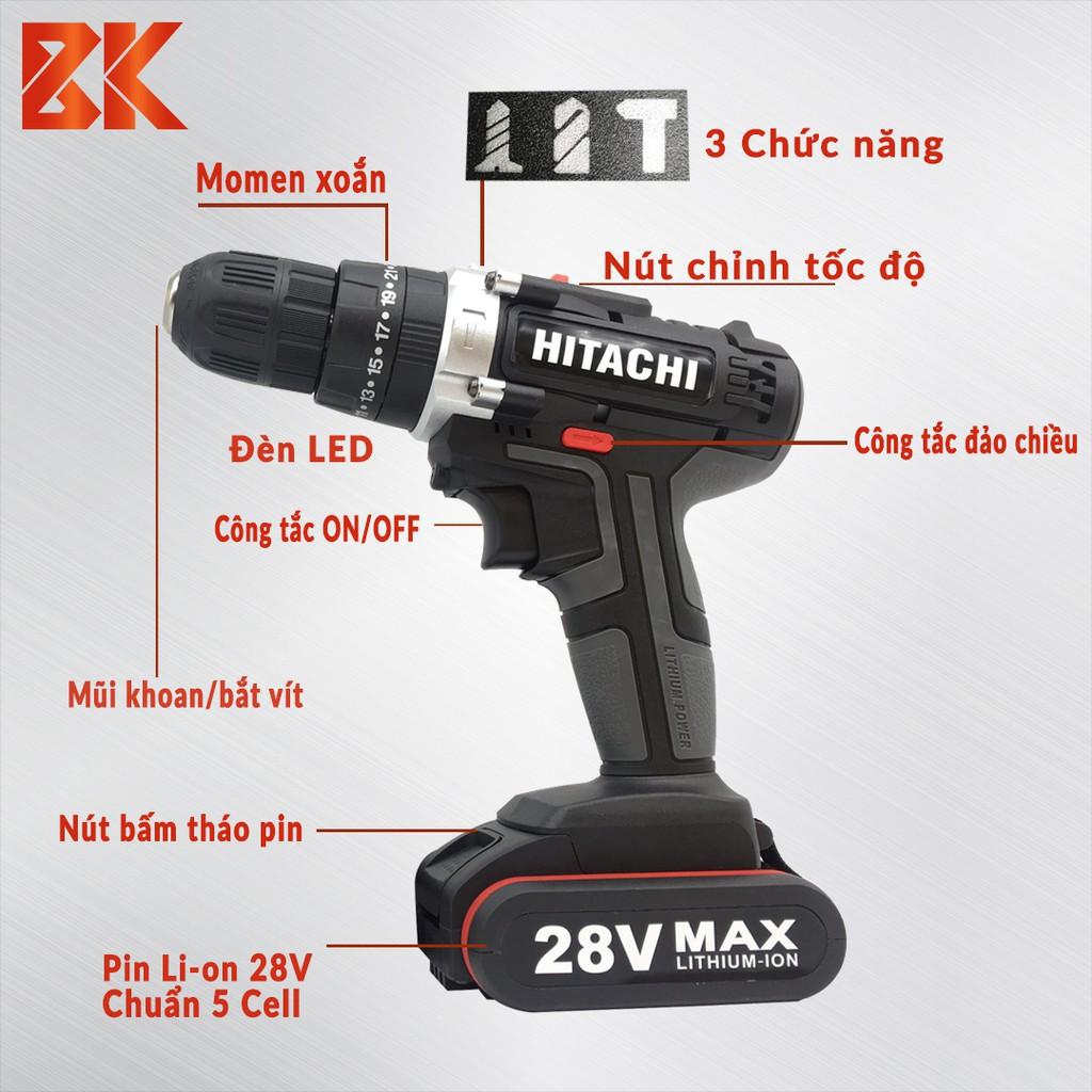 Máy Khoan Pin HITACHI 28V (Có Búa) 3 chức năng - Pin Chuẩn 5 CELL- Đảo Chiều - Máy Bắt Vít