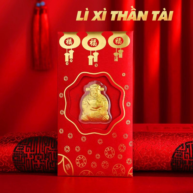 Bao Lì Xì Thần Tài Trang Trí Ngày Tết, Phong Bao Lì Xì Màu Đỏ Với Hình Thần Tài Mạ Vàng Quà Tặng Tết Nguyên Đán