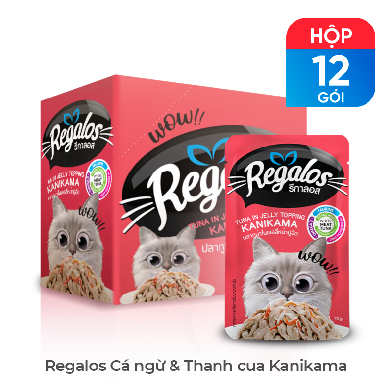 Hộp 12 gói thức ăn ướt cho mèo Regalos Thái Lan vị thanh cua và cá ngừ