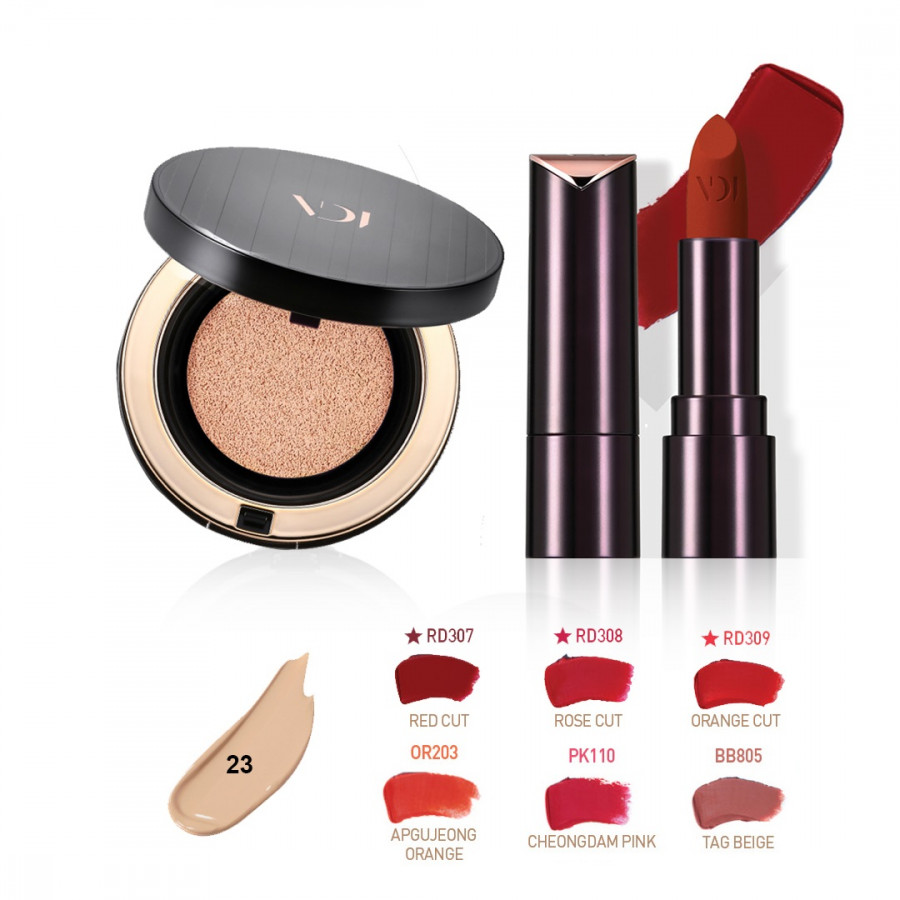 Bộ trang điểm VDIVOV son lì Lip Cut Rouge Velvet OR203 APGUJEONG ORANGE 3.8g, phấn nước Double Stay Cushion 23N Deep Ivory (tặng lõi) 30g