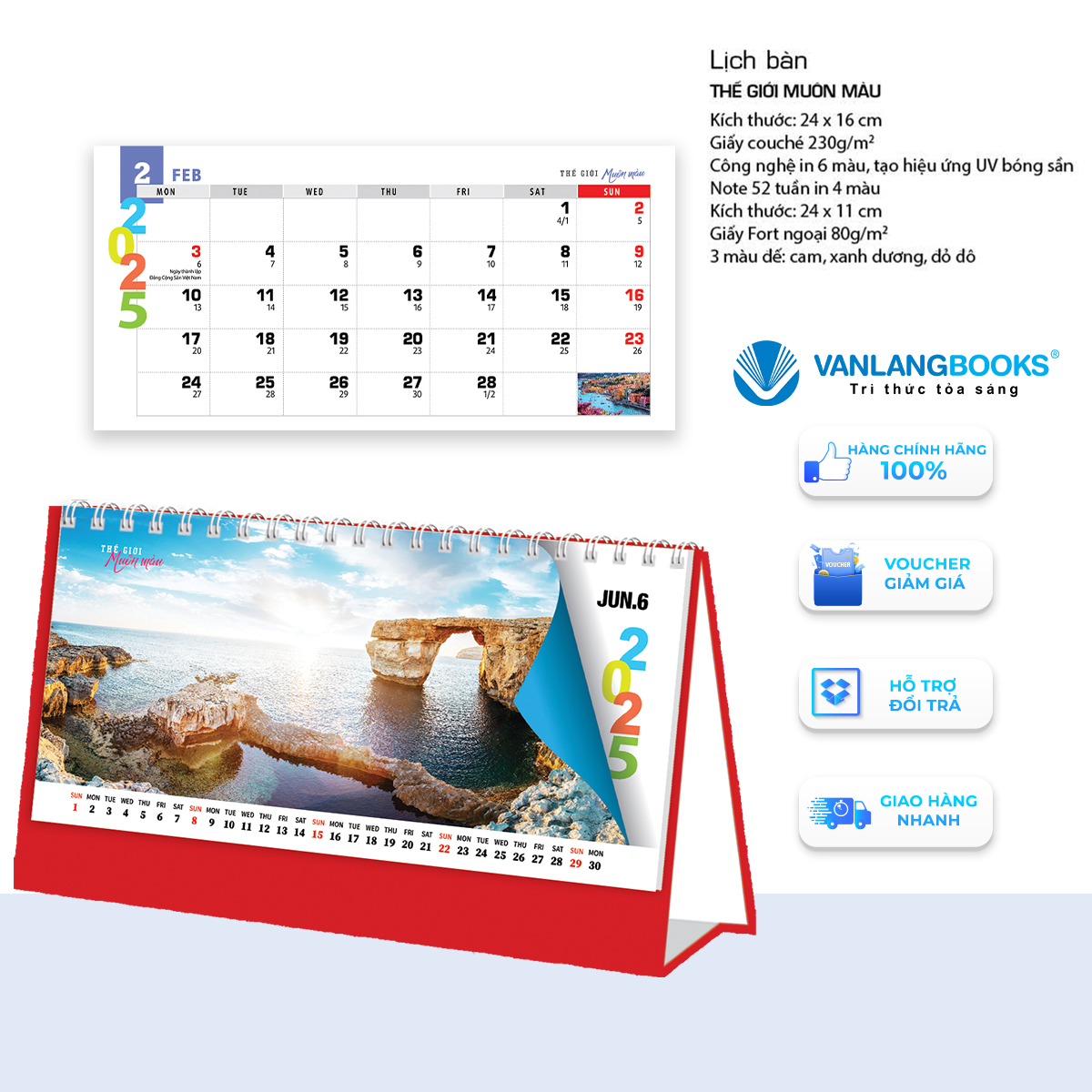 Lịch 2025 Lịch Bàn Ngang - Thế Giới Muôn Màu - VLLB13 - Lịch Văn Lang - Đỏ