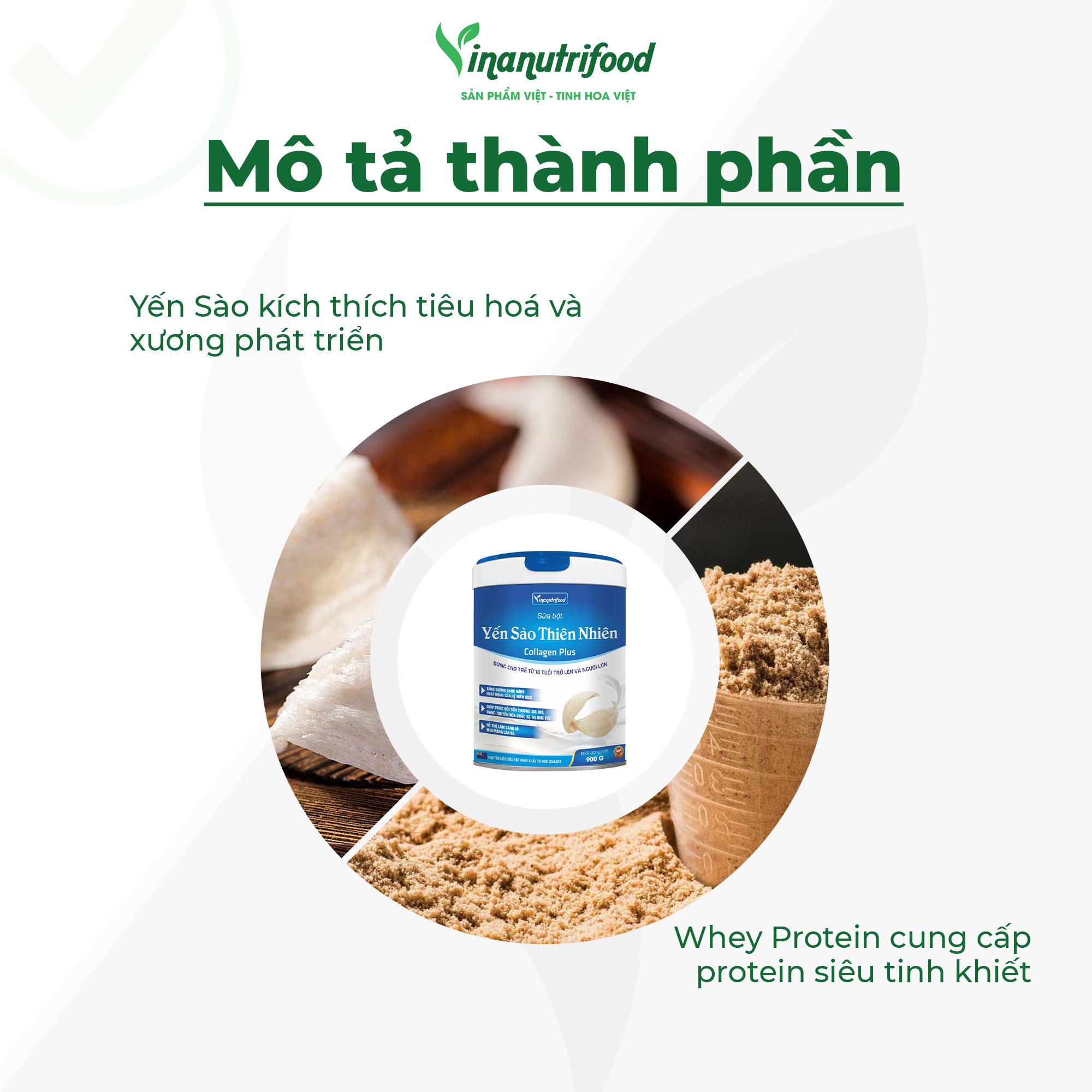 Sữa bột Yến Sào Thiên Nhiên Collagen Plus 900g Vinanutrifood, giúp nâng cao hệ thống miễn dịch, tăng sức đề kháng, bồi bổ cơ thể nhất là ở trẻ gầy yếu biếng ăn, giúp săn chắc làn da, chống lão hóa