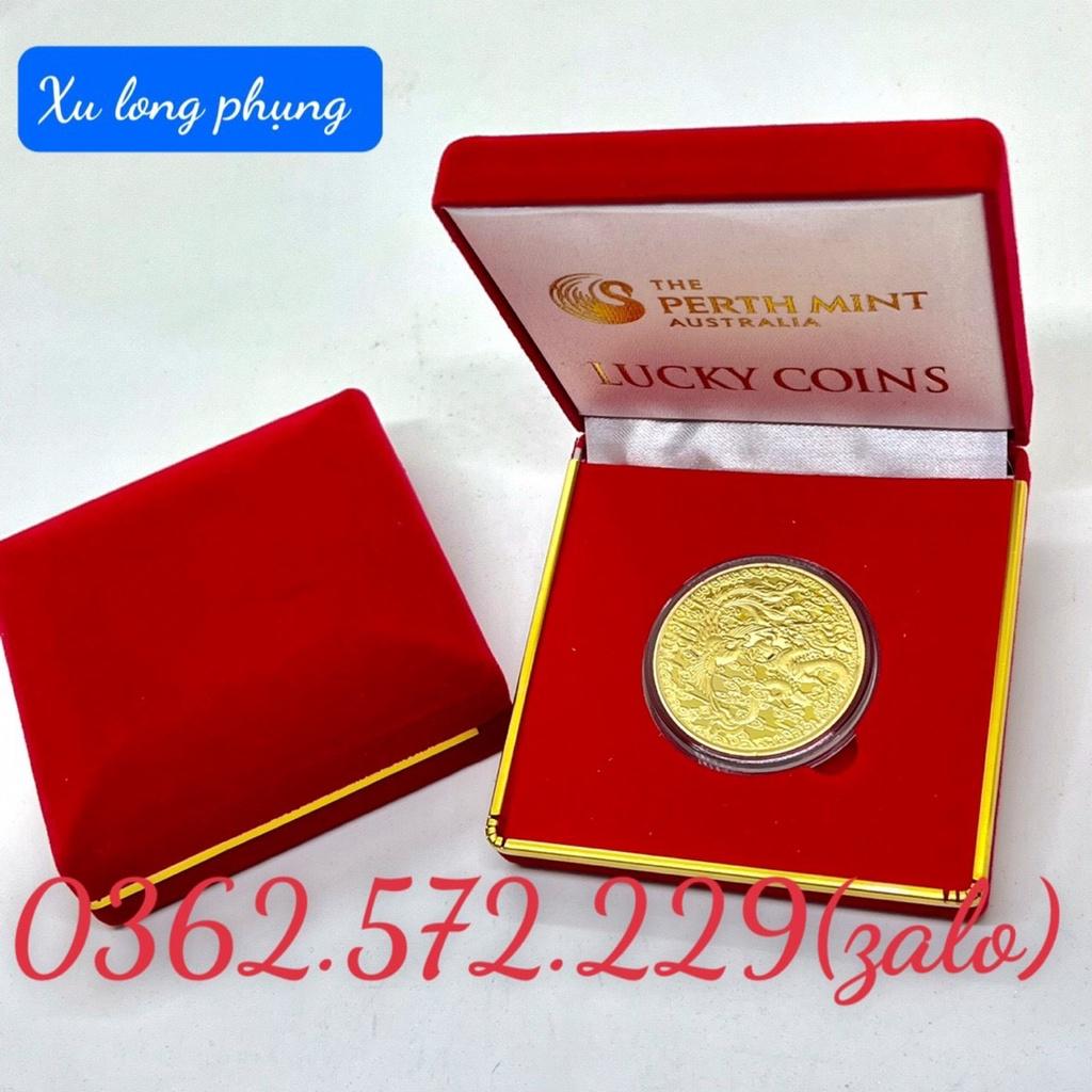 Đồng Xu Long Phụng Sum Vầy Phong Thuỷ Mạ Vàng Tặng ,Hộp ,Móc Khóa, Túi Gấm May Mắn