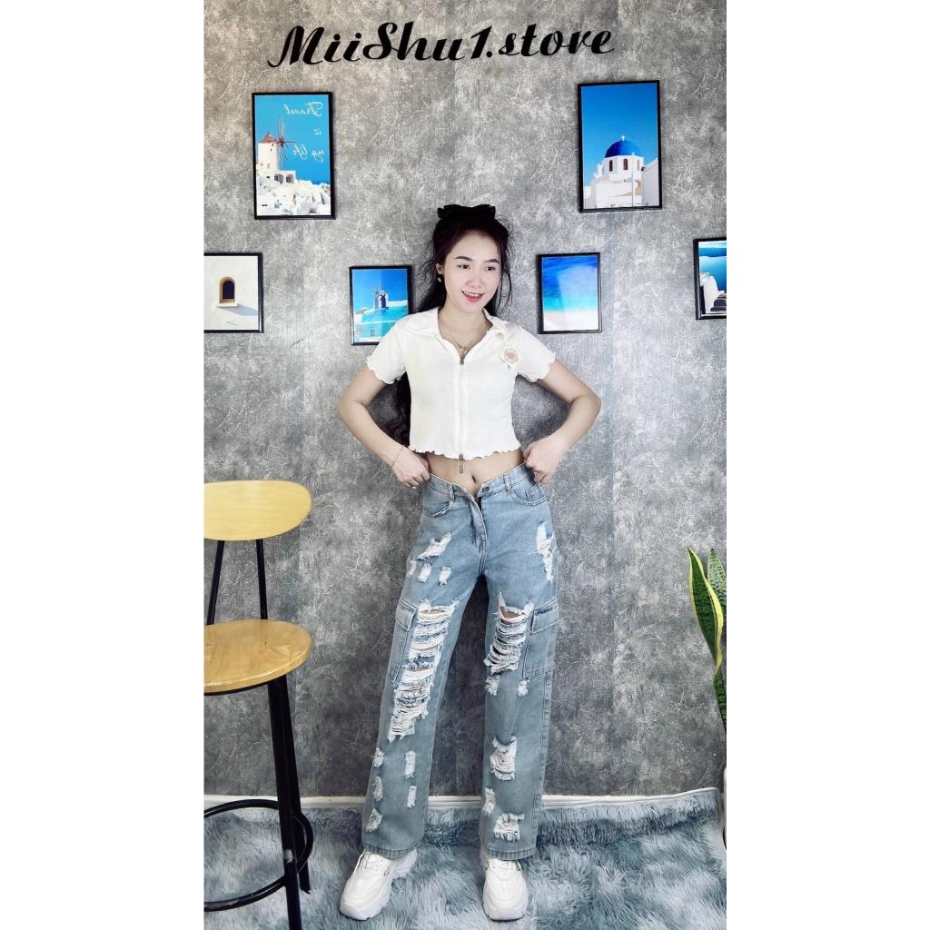 Quần Jean nữ ống rộng xuông đứng lưng cao form dài, Quần ống rộng nữ chất bò xanh rách te tua mẫu mới
