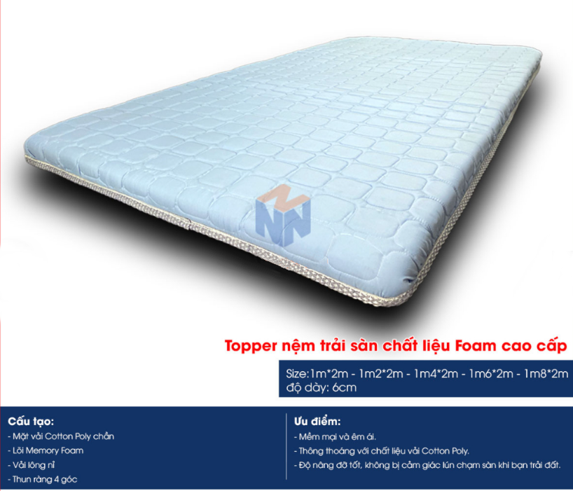 Nệm Topper nệm Foam Kingroll cao cấp dày 5cm đủ kích thước có thun ràng - Đàn hồi nâng đỡ và êm ái