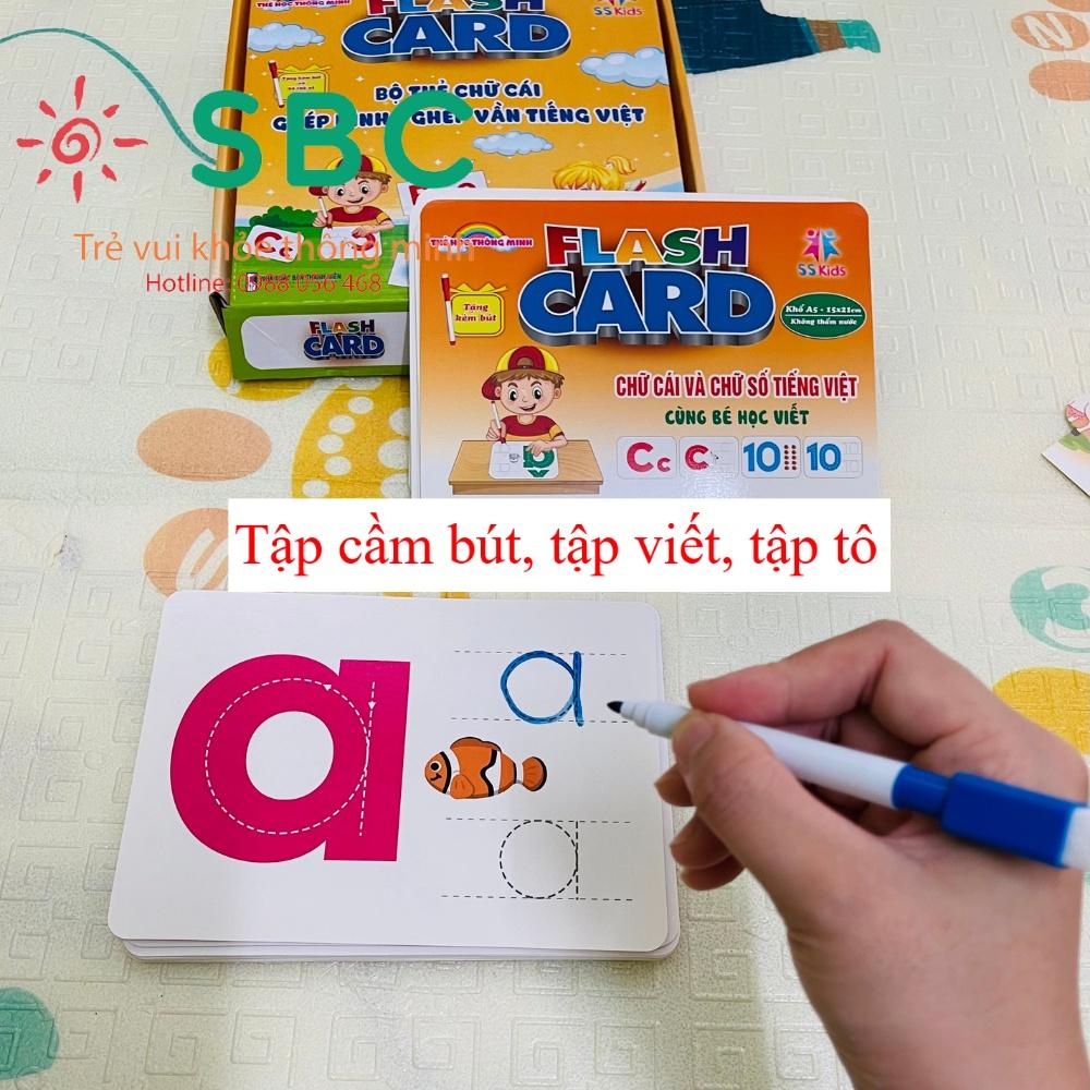 Bộ thẻ học chữ cái chữ số + ghép hình+ tập viết xóa + tặng kèm bút có đầu xóa cán bóng