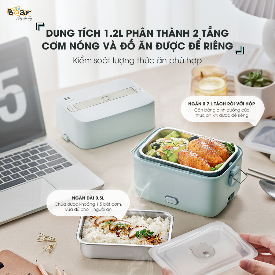 Hộp Cơm Cắm Điện Bear 2 Tầng 3 Ngăn Hâm Nóng Cực Nhanh Inox 304 An Toàn Tuyệt Đối Chống Trào 1,2L SB-HC12L