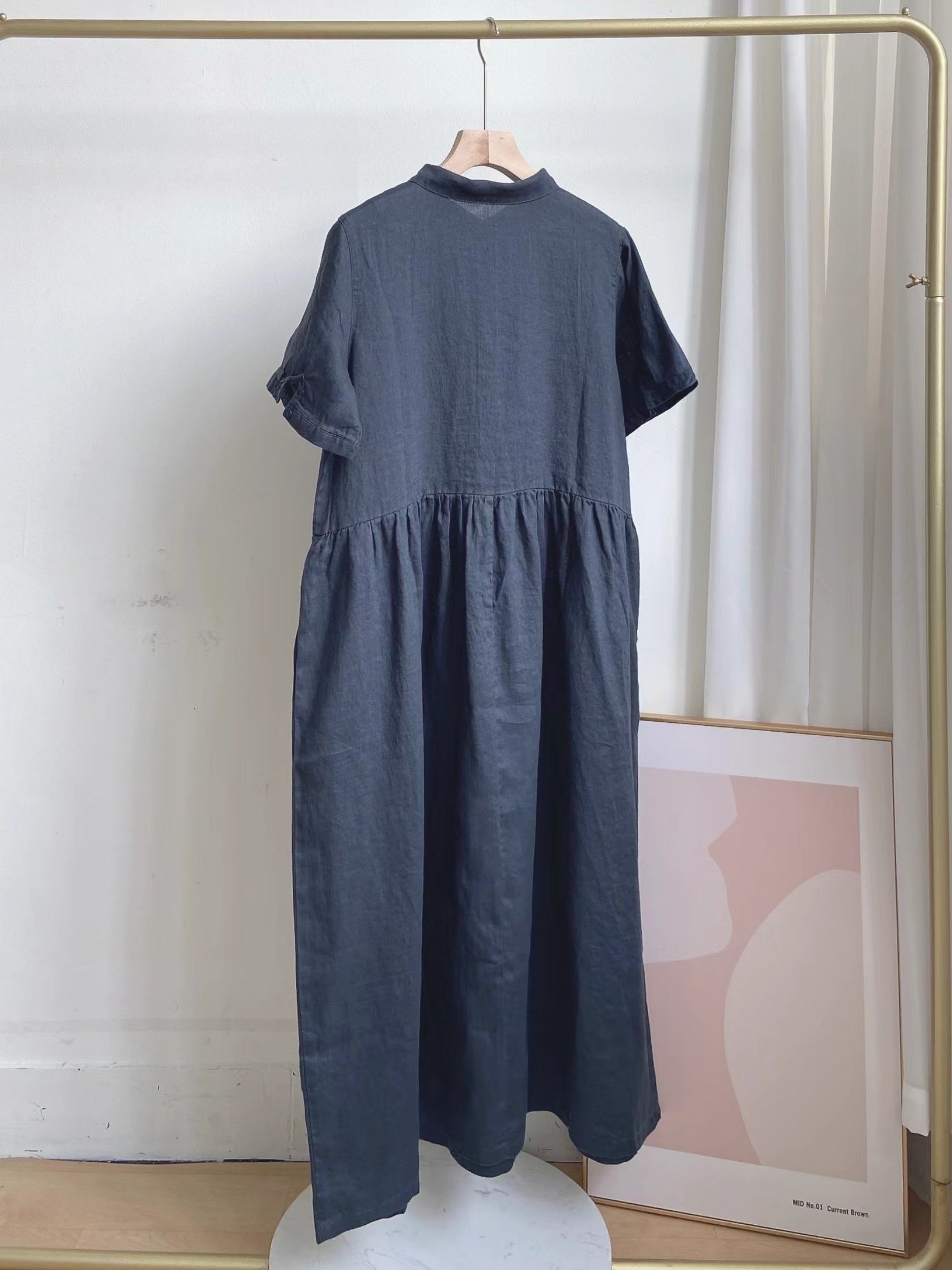 Đầm suông công sở linen cổ sơ mi nhún eo, Váy sơ mi dáng dài form rộng thời trang hè thu ARCTIC HUNTER