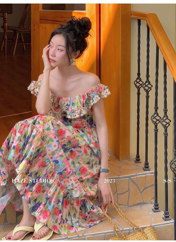 TOBE1SHOP 2023 Xuân và mùa hè Pháp Vintage váy một chiều vai trà nghỉ váy hở vai tranh sơn dầu in đầm mùa xuân nữ