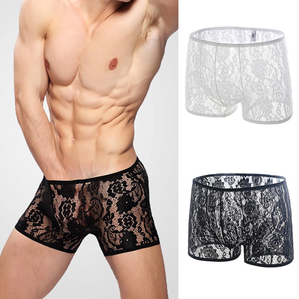 Men's Lace Briefs Slip Tangs Underpants Underwear Men Sexy See Through Shorts Embroider Clubwear Underpants Black M